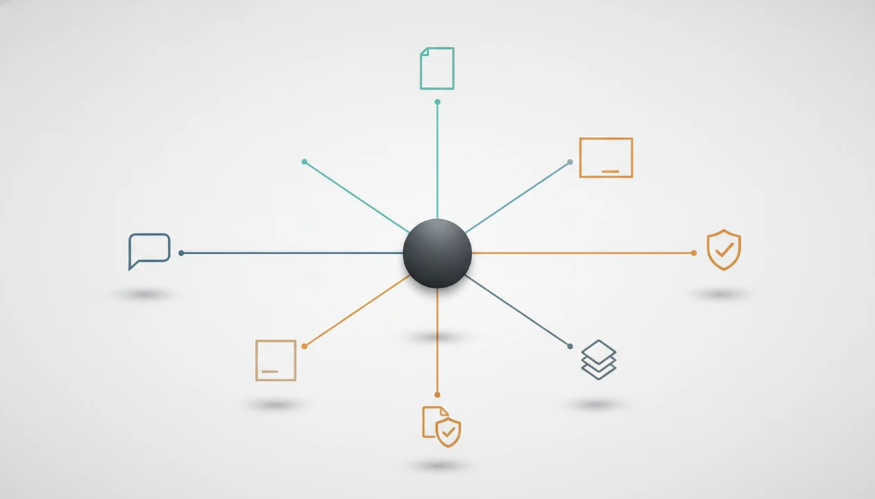 A central AI routing hub sends different task paths to specialized agent nodes in a clean network diagram.