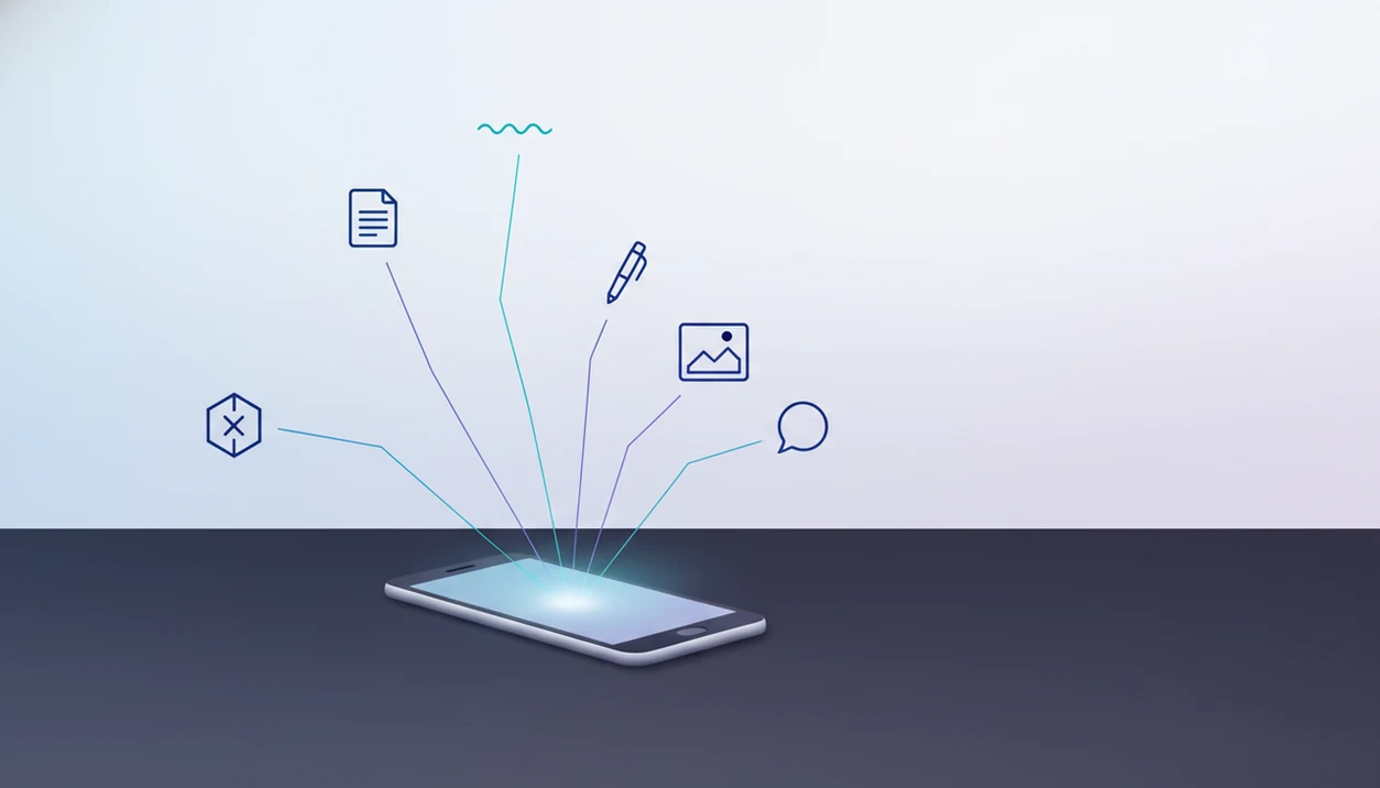 A generic smartphone routes tasks through glowing lines to specialized abstract AI agent nodes.
