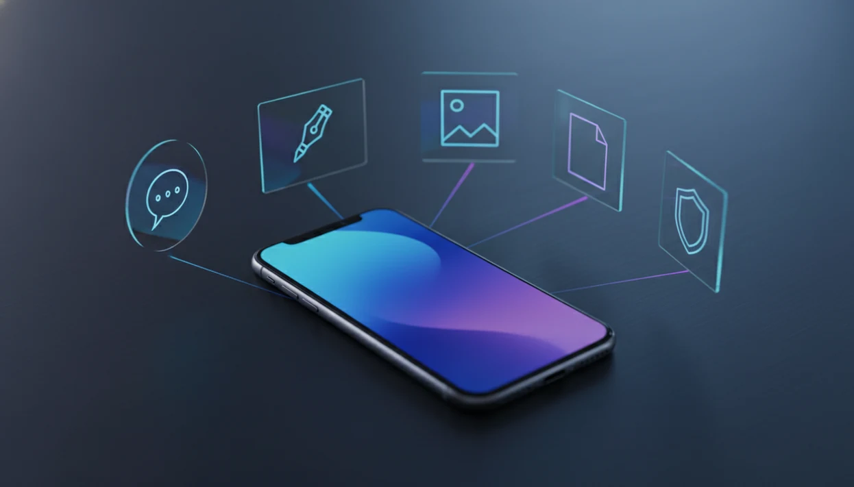 An iPhone on a dark desk connects to abstract agent panels for chat, writing, images, documents, and detection.