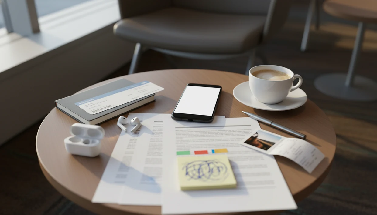 A phone-centered mobile workspace with documents and work items arranged for routed AI tasks.