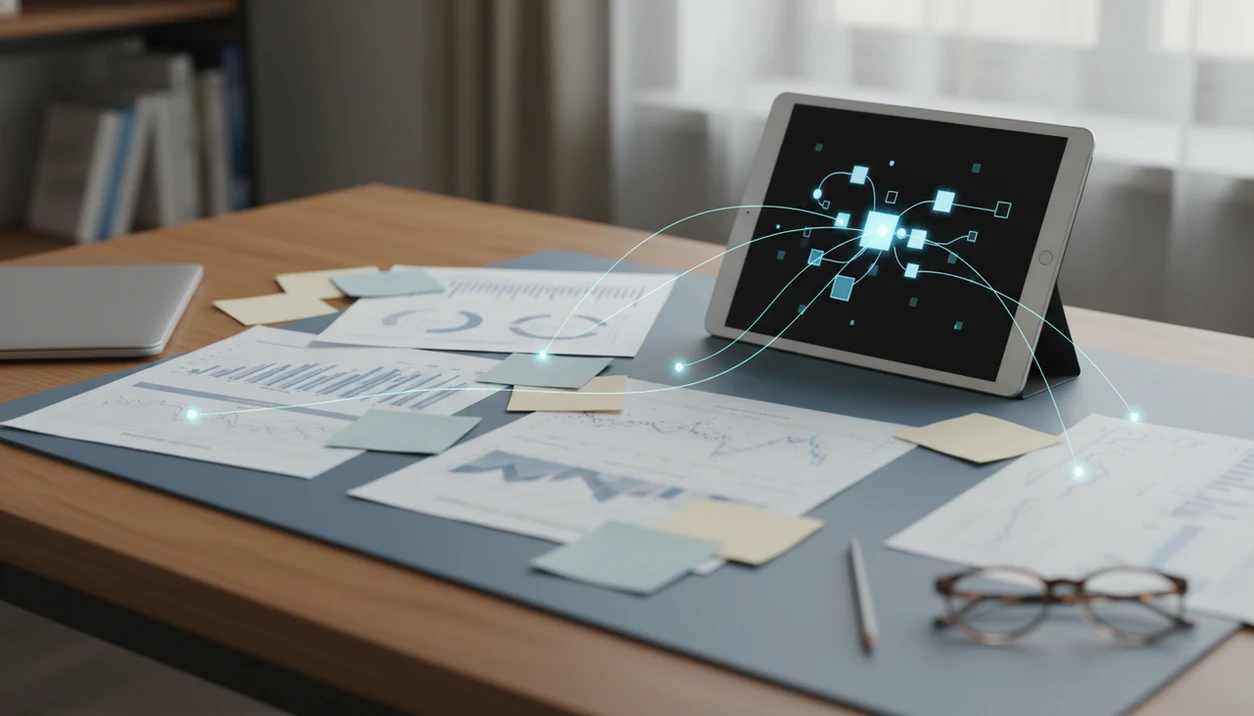 A research desk with papers, notes, and a tablet linked by subtle glowing lines for AI document analysis.