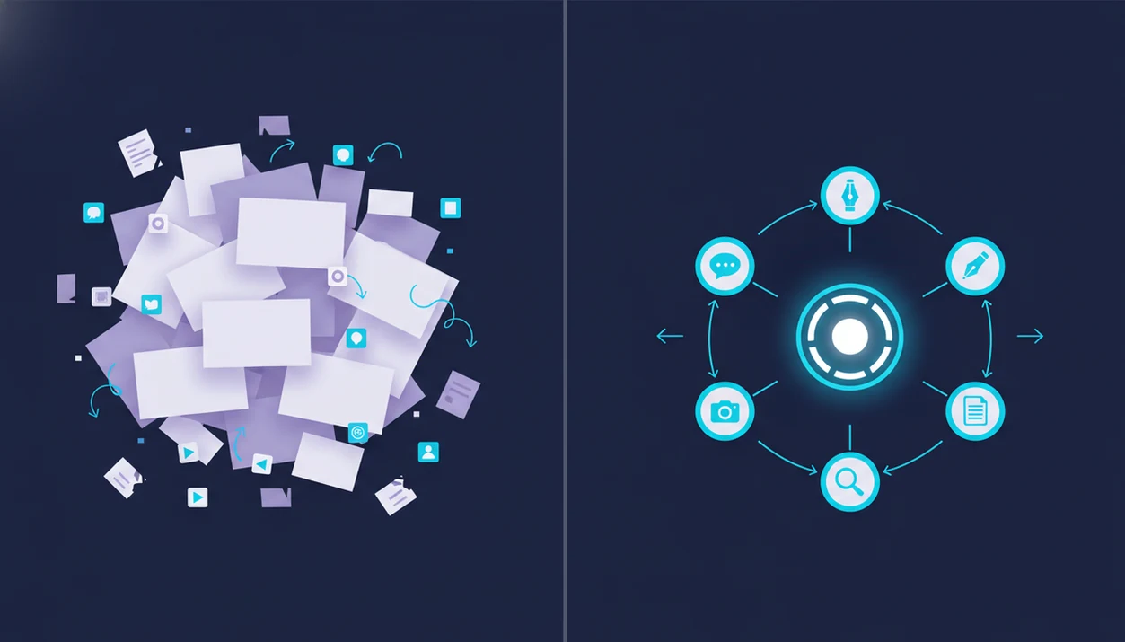 A split workflow illustration contrasts scattered AI tasks with a routed network of specialized agent nodes.