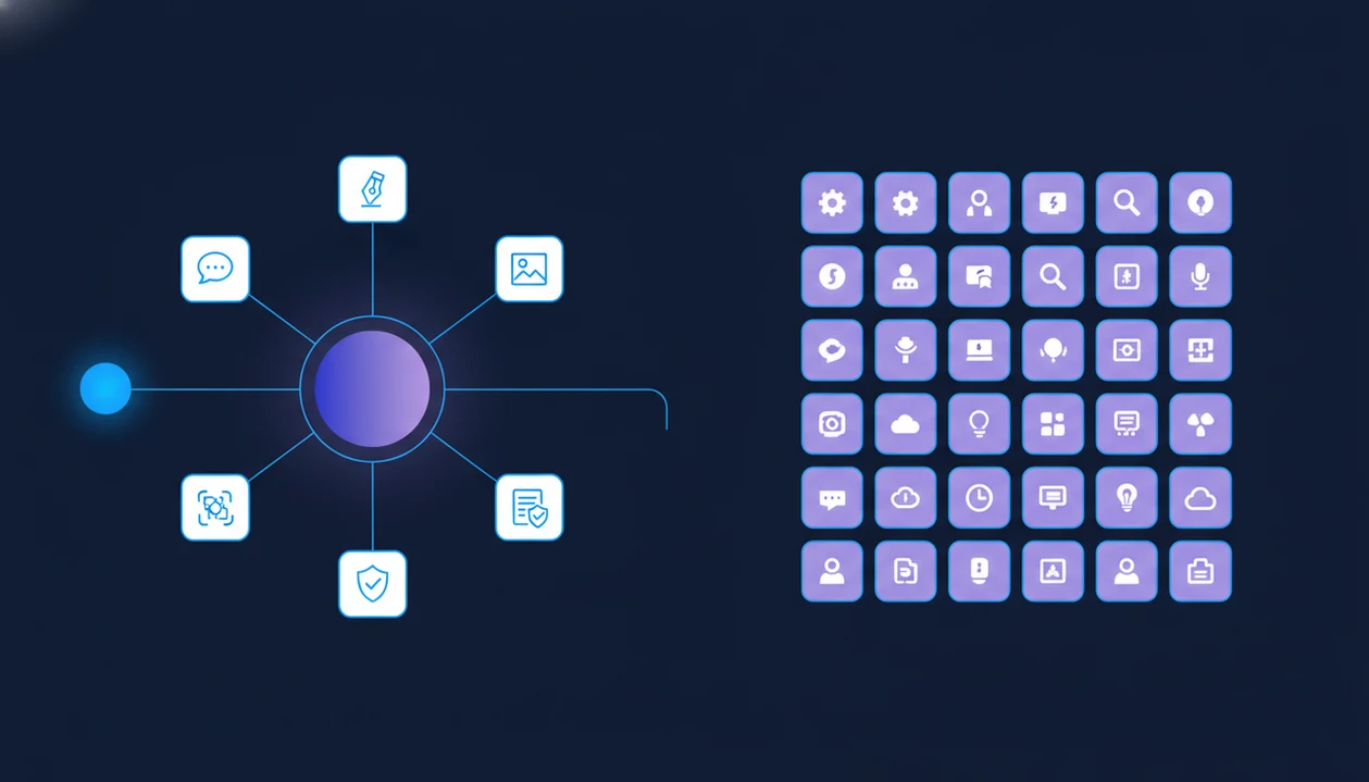 A diagram contrasts routed AI agents with a catalog grid of standalone marketplace agents.