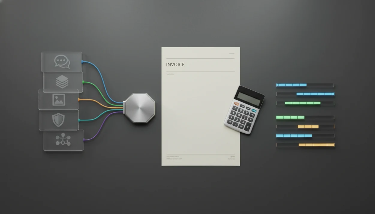 A desk still life shows pricing meters, agent cards, an invoice, and routing cables for AI workflow costs.