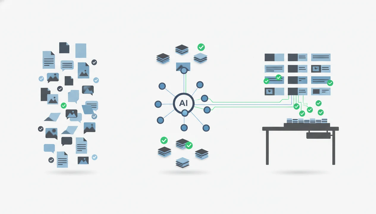 An abstract agent network organizes tasks across three workflow milestones toward human review.
