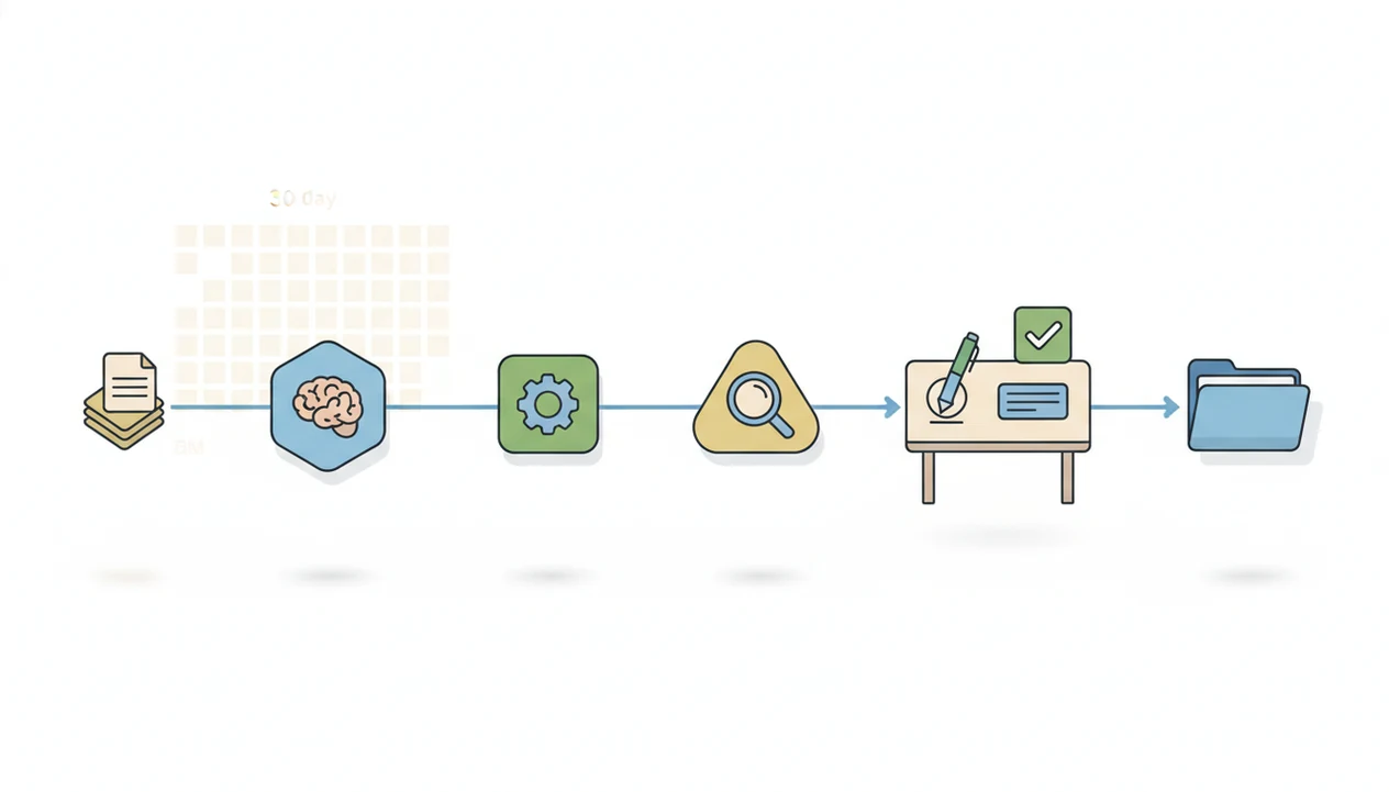 A controlled AI agent workflow map shows inputs, routed agents, human review, and final outputs.