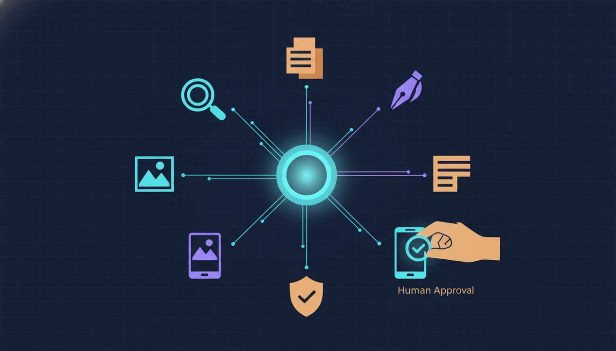 A visual network shows specialized AI agents routing tasks through a workflow with human approval.