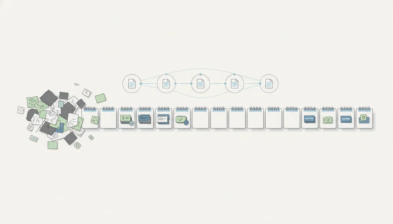 An abstract 30-day writing workflow timeline becomes more organized as agent nodes route draft tasks.
