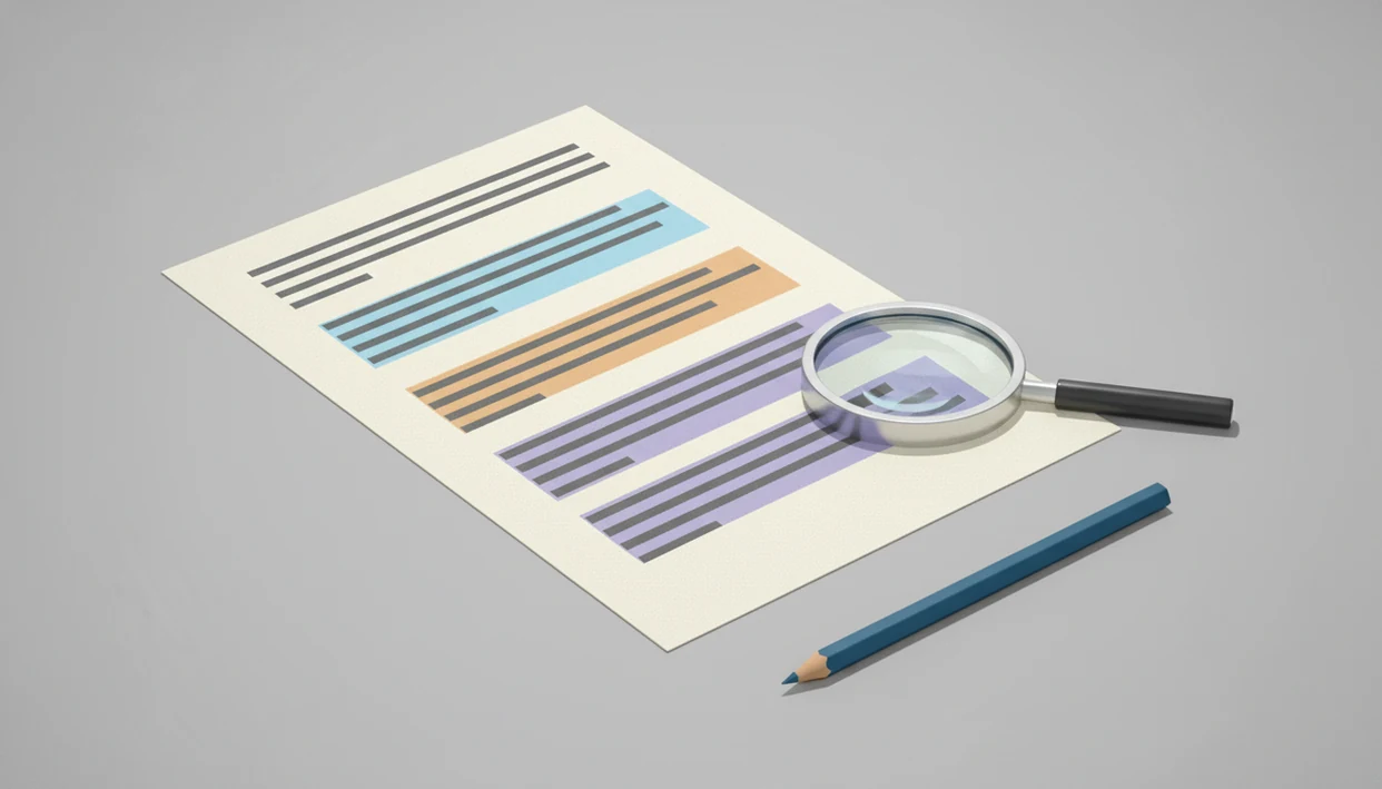 A document is reviewed with colored probability bands, a magnifying glass, and a pencil nearby.