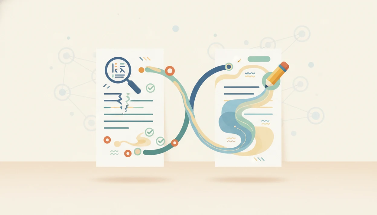 An abstract desk illustration shows text flowing through detection review and clarity rewriting paths.