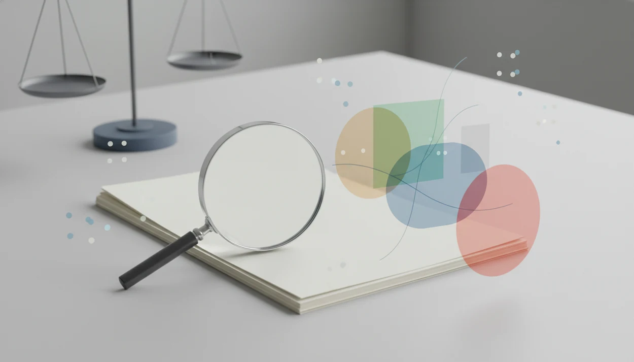Documents under a magnifying glass with abstract risk signals suggesting uncertainty in AI detection.
