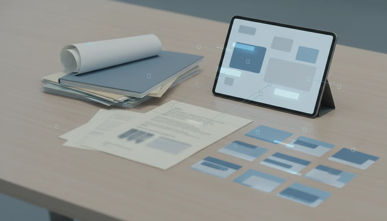 Documents on a modern desk are visually connected to abstract extracted data and citation markers.