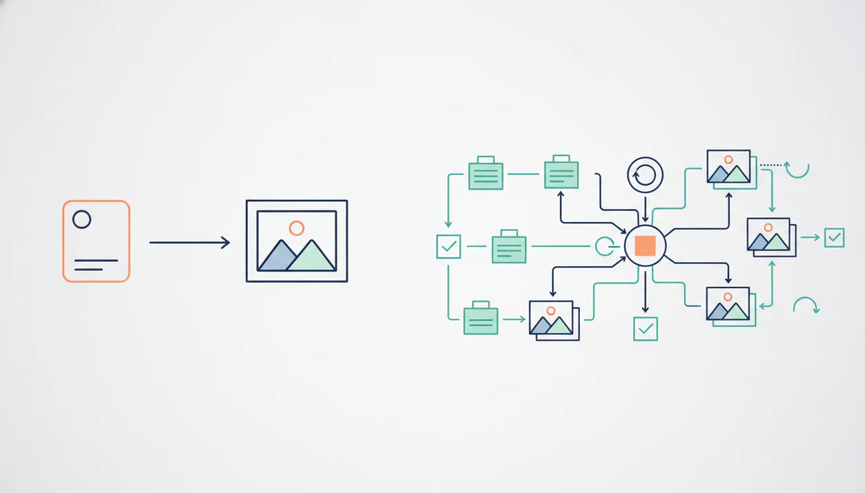 A split illustration contrasts one prompt card with a routed network of visual workflow steps.
