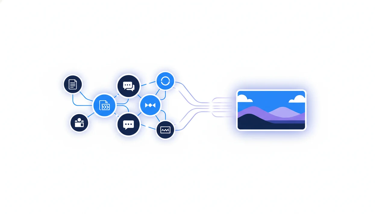 Abstract agent network routes writing and document context into a generated visual asset.