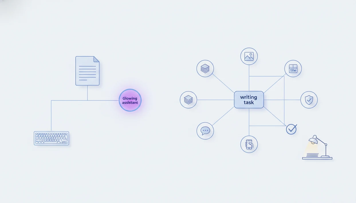 A clean diagram contrasts a single writing assistant path with a routed network of specialized AI agents.