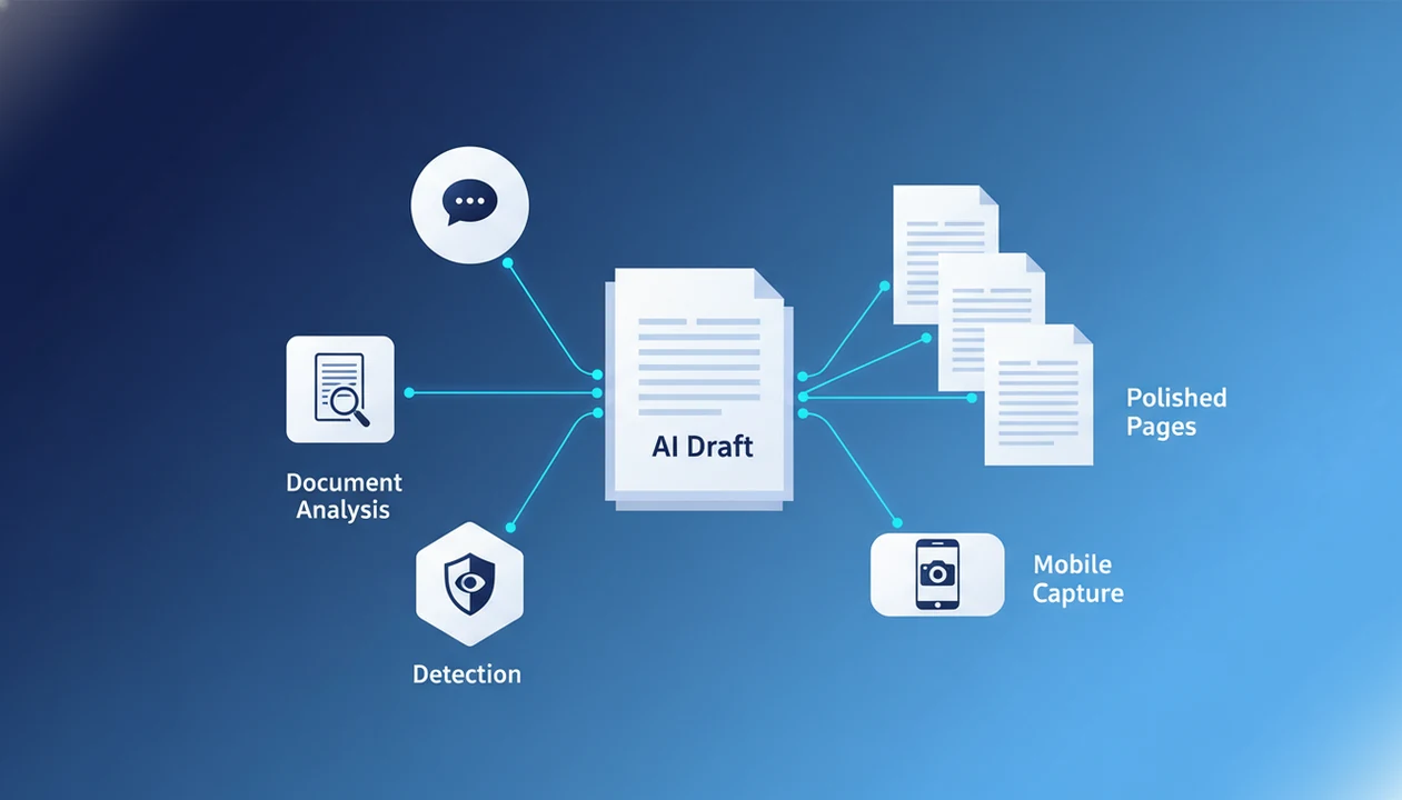 A structured AI writing workflow routes multiple agent inputs into a polished draft.