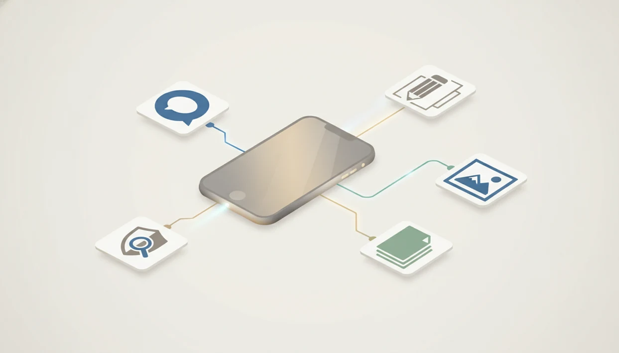 A phone hub routes different AI tasks to specialized agent icons on a clean desk.