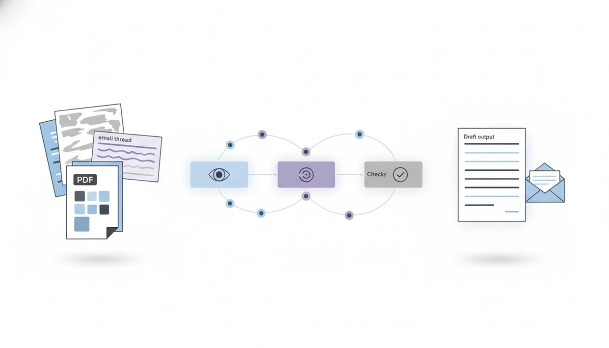 Illustration of documents flowing through AI agent nodes into a summarized draft and email.