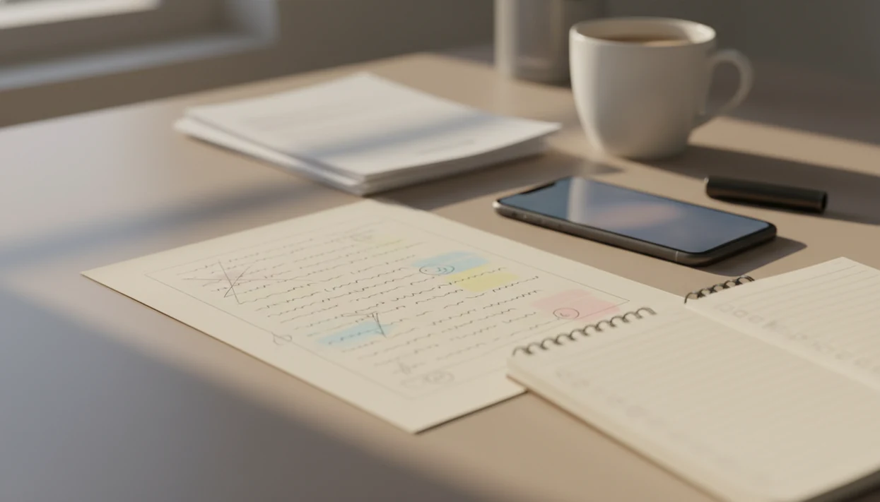 A desk shows an edited draft, notebook, pen, and phone arranged for responsible AI-assisted rewriting.