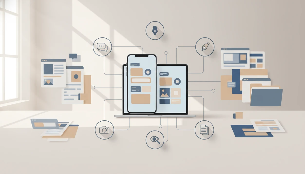 An organized AI workspace connects chats, files, drafts, images, and agent outputs across devices.