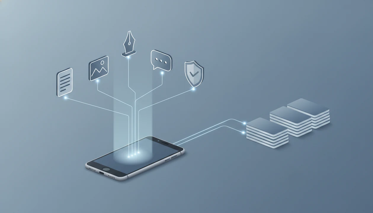 A smartphone routes one request through specialized AI agent nodes into organized output cards.