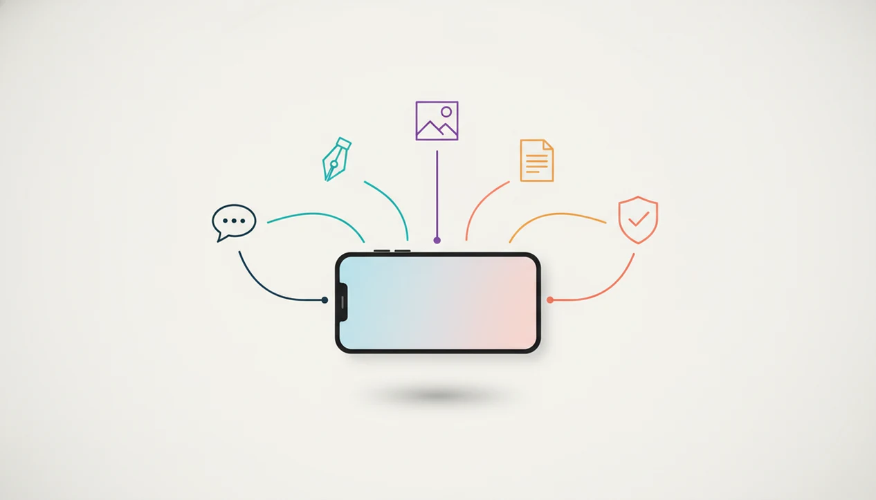 A simple diagram shows an iPhone routing tasks to separate chat, writing, image, document, and detection agents.