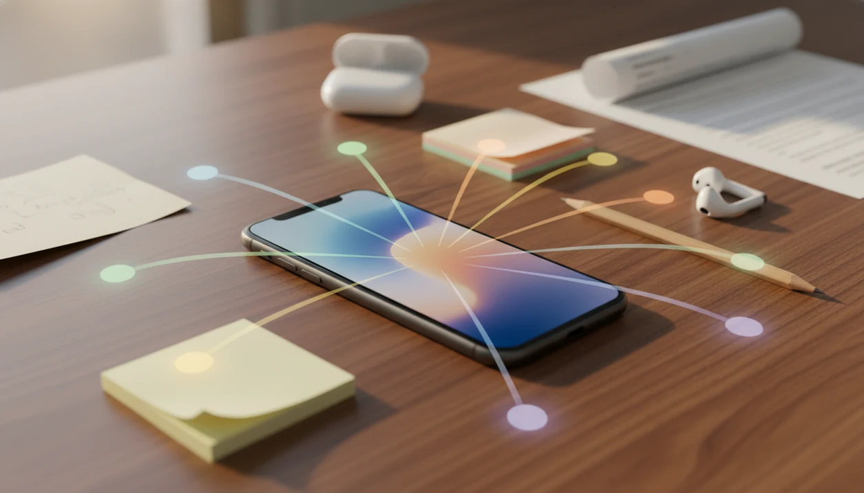 An iPhone on a desk gathers notes, documents, and creative tools into one mobile workflow.