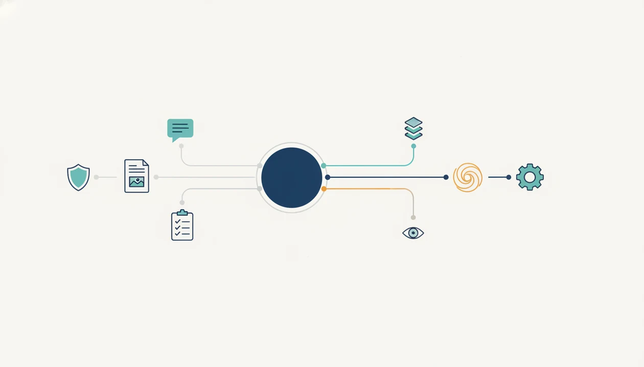 A simple diagram shows different task types flowing through one hub to specialized agent nodes and human review.