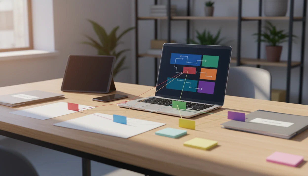 A small-team workspace shows task cards connected to devices and documents, suggesting routed AI workflows.