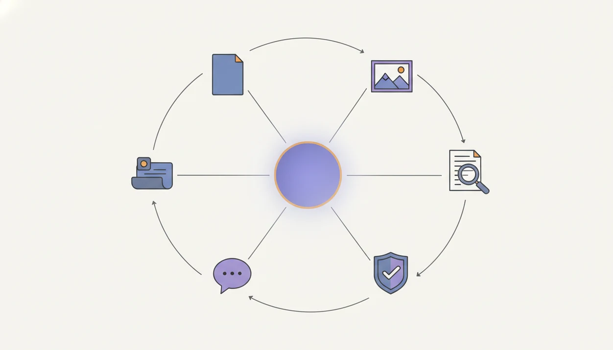 A simple diagram shows a central AI hub routing tasks to document, image, chat, review, and safety modules.