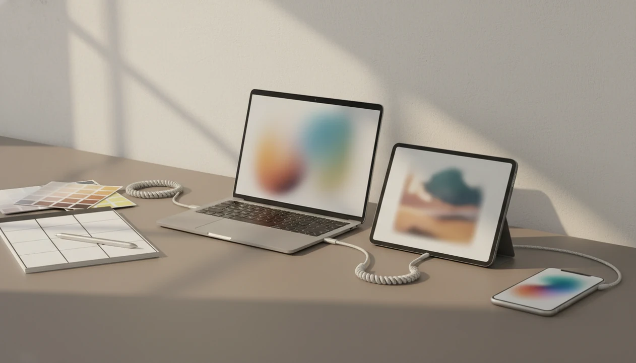 A clean creator desk shows a laptop, tablet, phone, blank storyboard pages, and color swatches in one workflow.