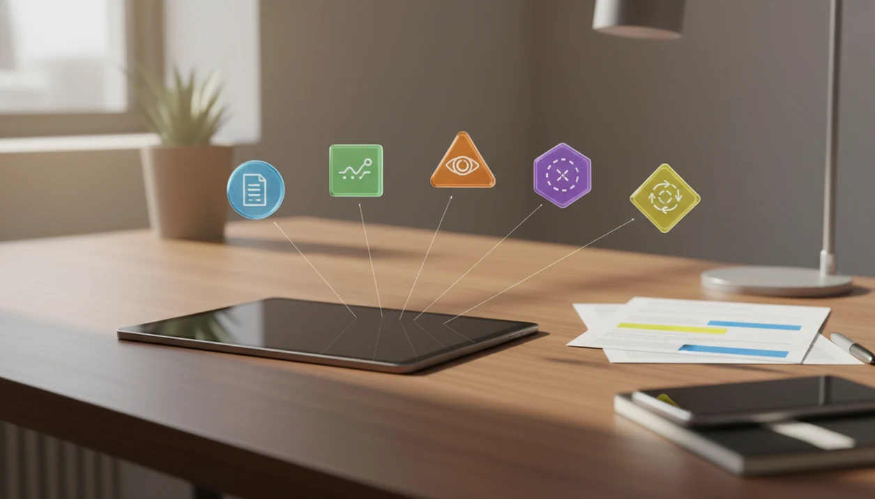 A tablet and printed PDF pages connect through light paths to abstract agent tiles on a desk.