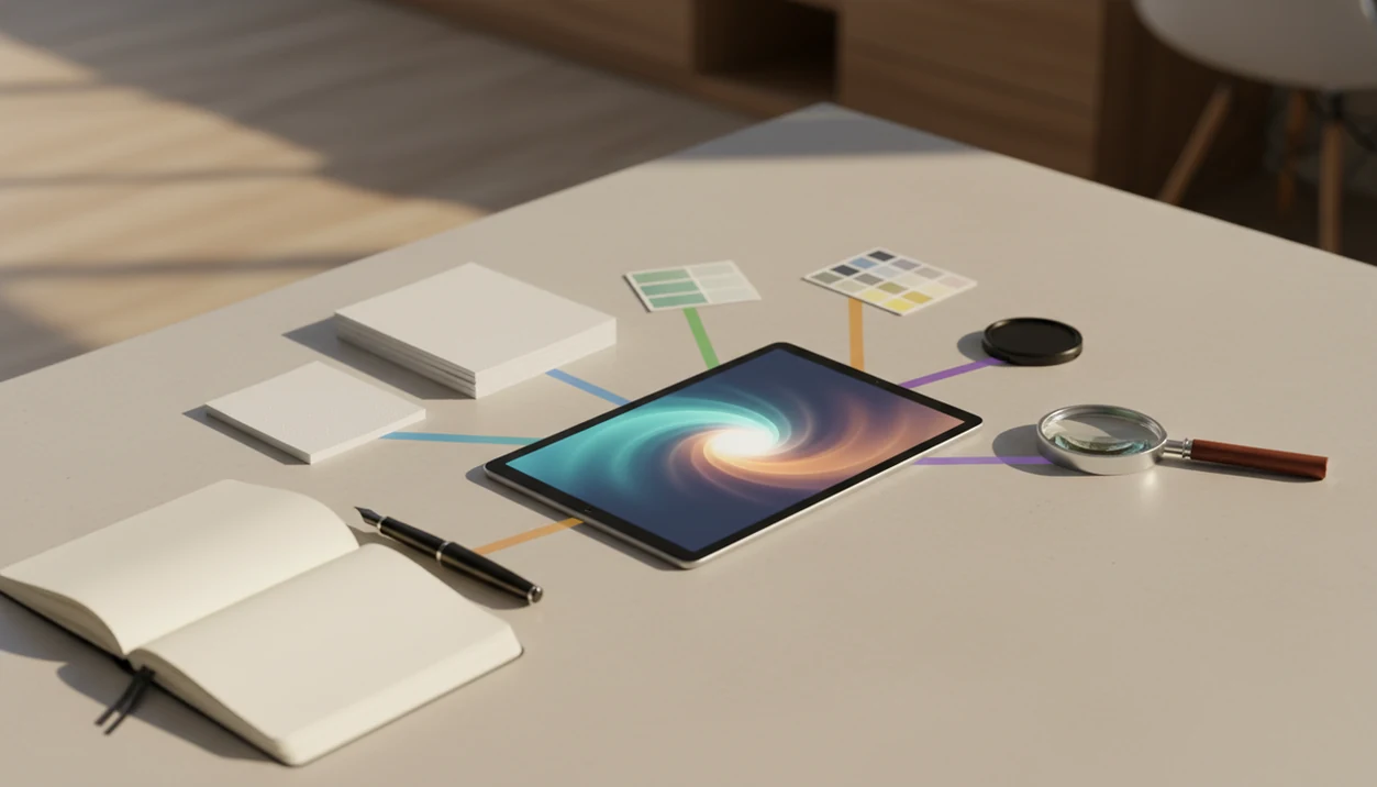 A tablet on a desk gathers writing, image, document, and analysis tools into one routed workspace.