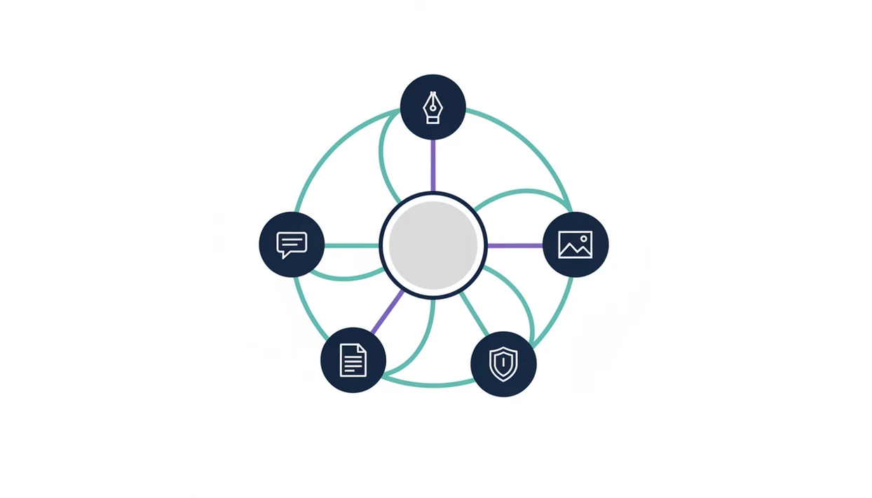 A clean diagram shows one central workspace routing tasks to five specialized AI agent nodes.