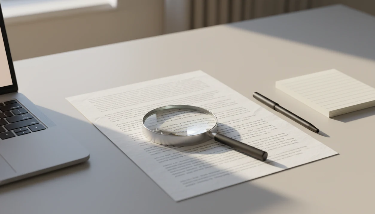 A draft page under a magnifying glass with highlights, suggesting a careful AI writing review.