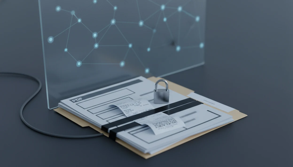 A stack of private documents sits behind a frosted shield with abstract AI network lights beyond it.