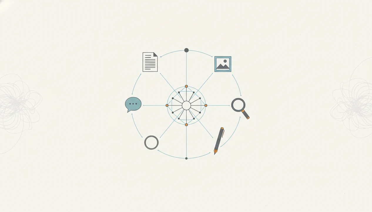 A central hub routes different task symbols while tangled lines at the edges suggest added complexity.