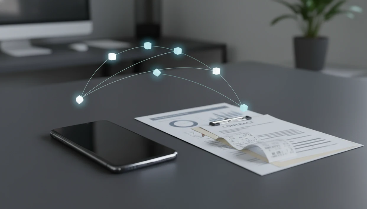 A smartphone and mixed documents on a desk with abstract AI routing paths for mobile file analysis.