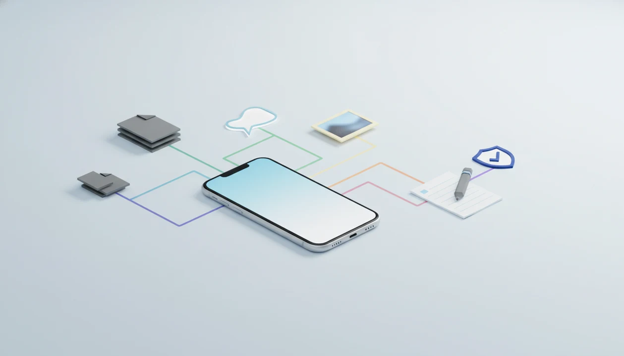 A smartphone routes lines to abstract icons for chat, documents, writing, images, and safety review.