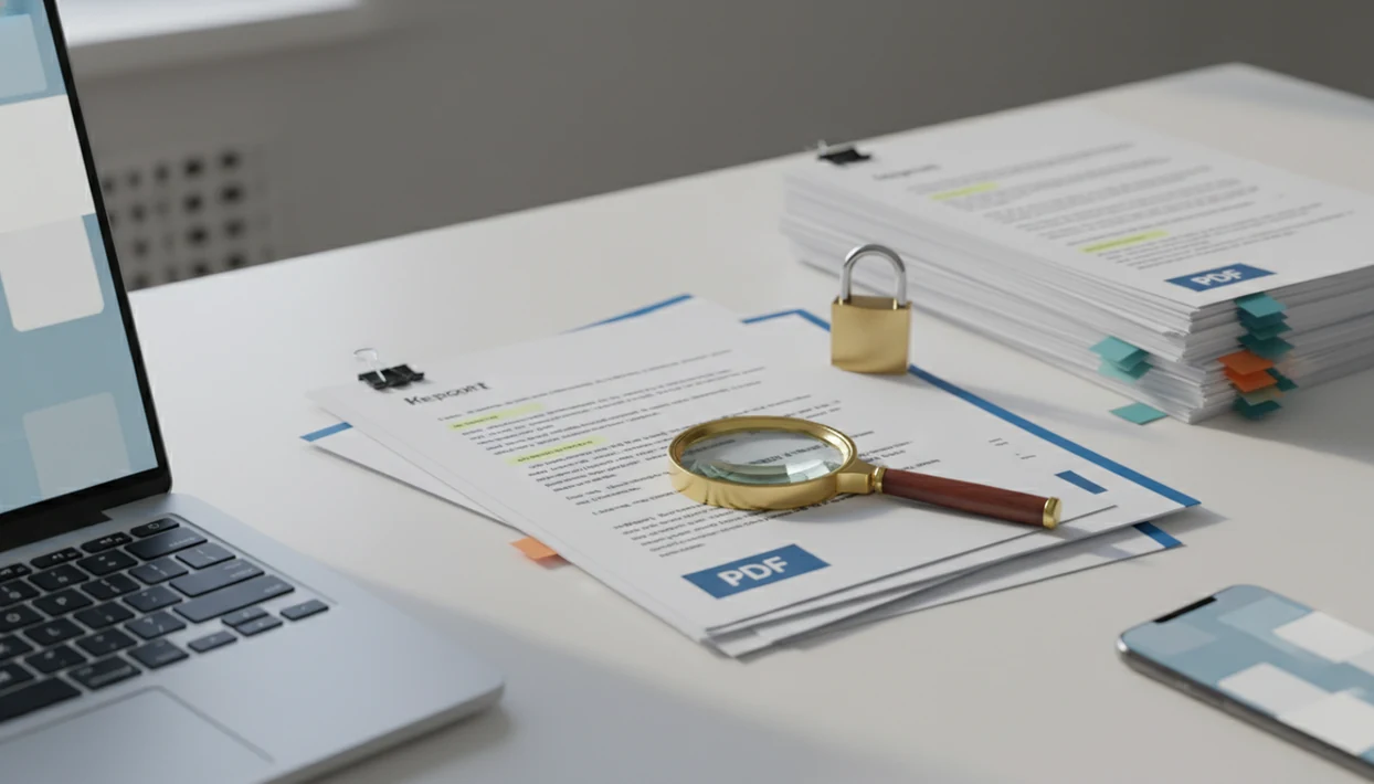 A desk shows documents, a magnifying glass, citation tabs, and a padlock suggesting safe AI document review.