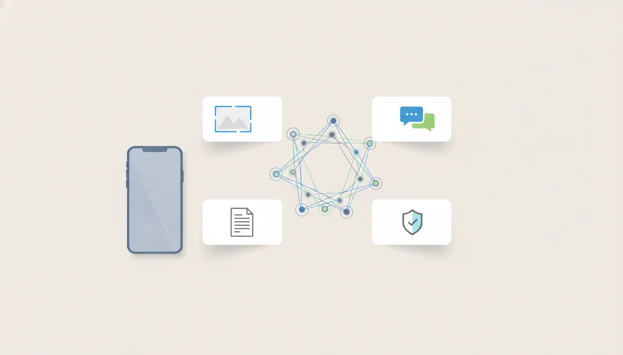 An abstract workflow hub routes blank creative task cards for image, chat, writing, documents, and review.