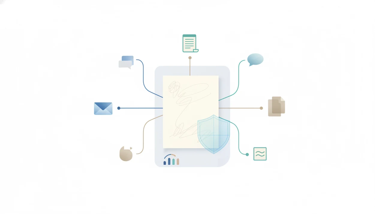 A clean illustration shows a blank draft routed to email, blog, chat, document, and image tasks.