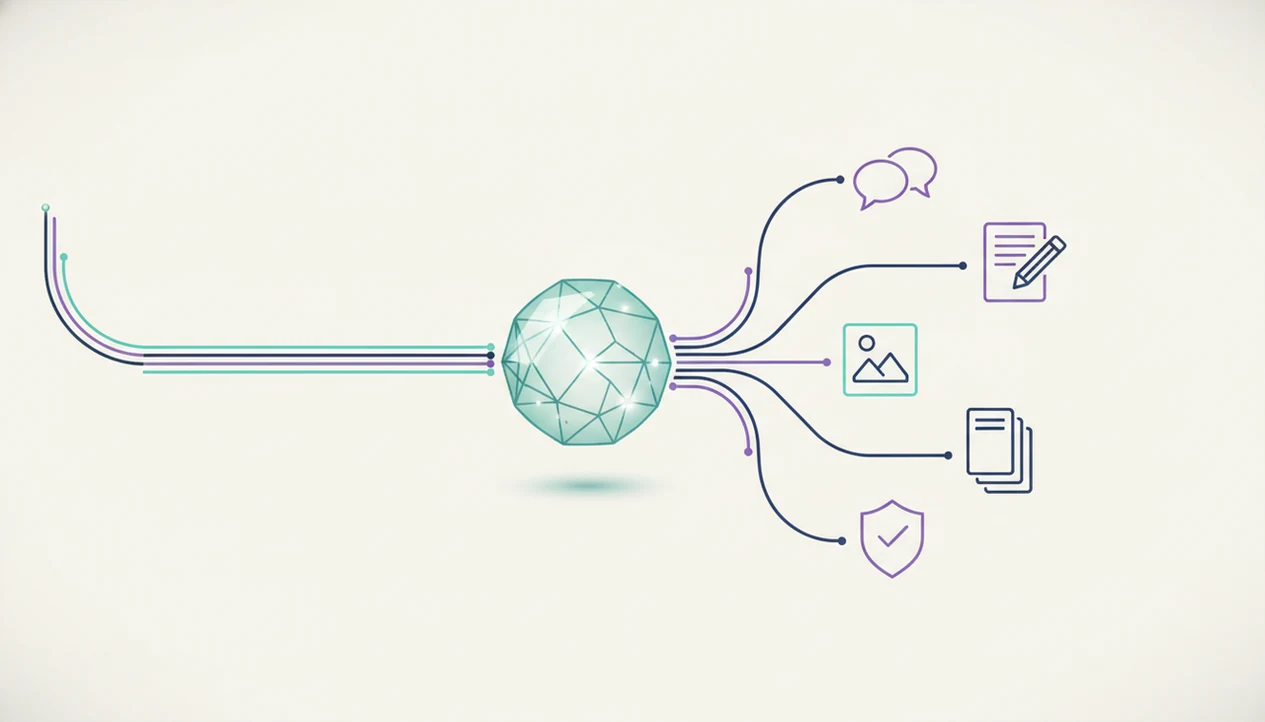 A central AI routing hub splits one request into five specialized agent paths.