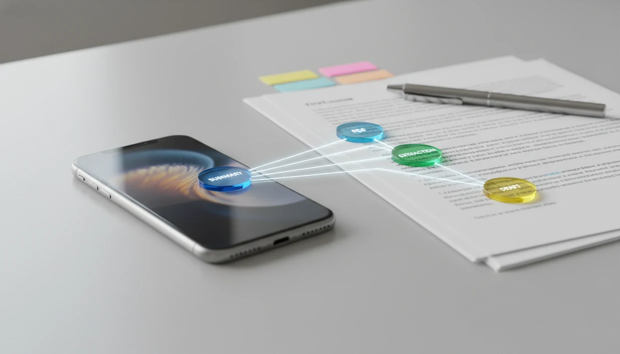 An iPhone, blurred PDF pages, and connected colored disks suggest AI document analysis on mobile.