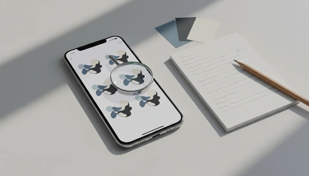 An iPhone beside a blurred creative brief shows several AI image variations ready for review.