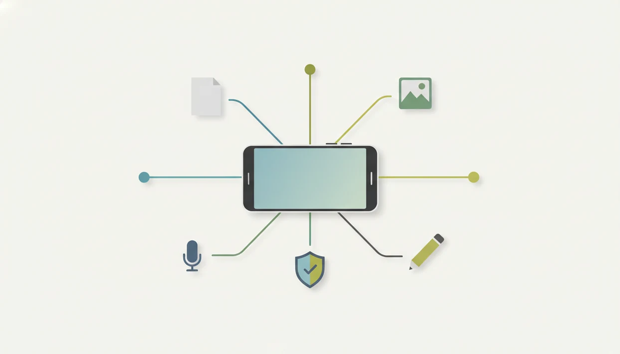 A smartphone routes different AI task types to simple document, voice, image, writing, and checking icons.
