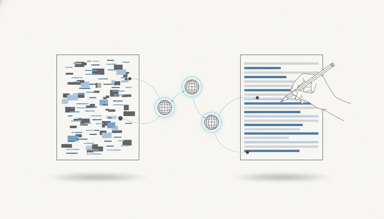An abstract editing workflow turns a rough draft into clearer text with human review.