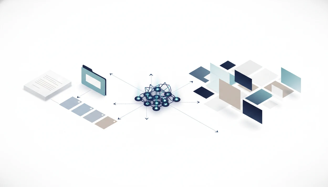 Abstract workflow illustration showing documents routed through an AI agent network into visual assets.