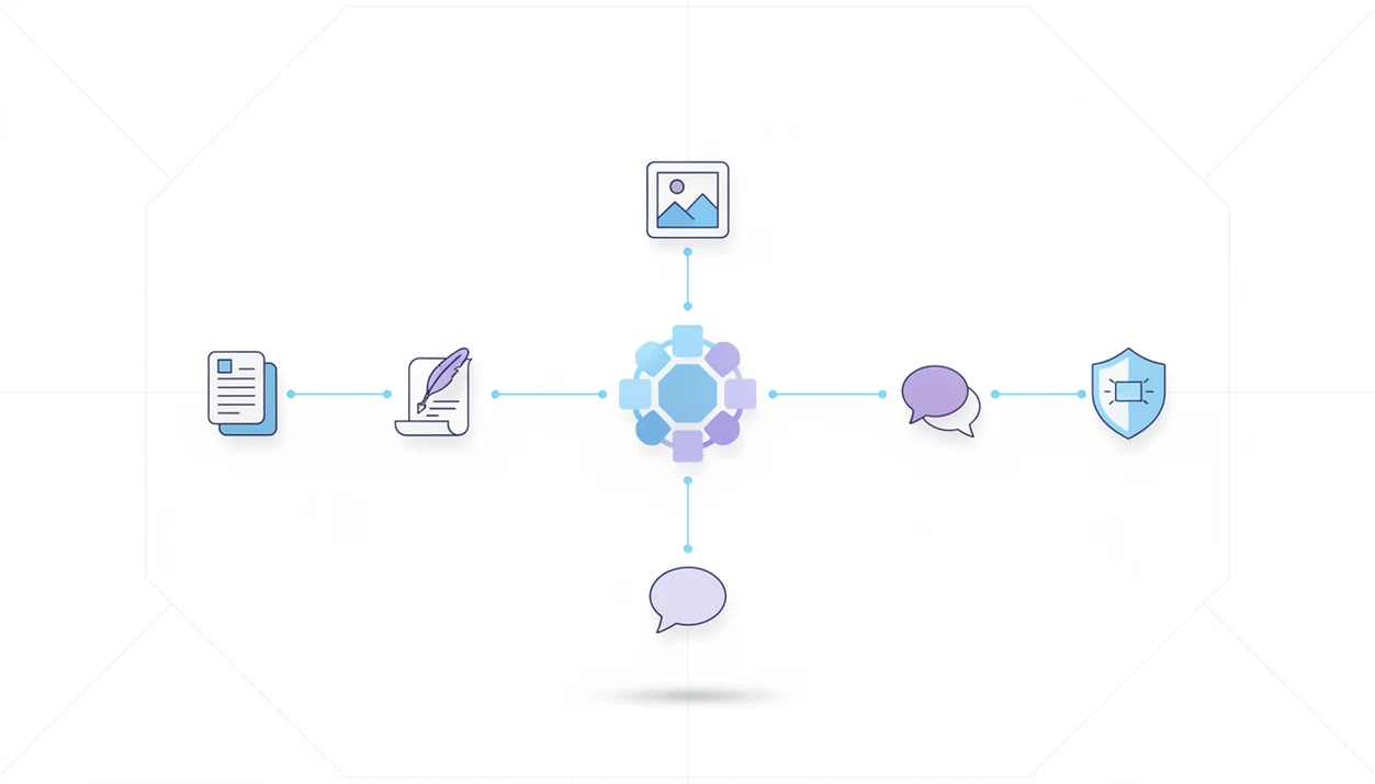 A central AI routing hub connects to separate document, writing, image, chat, and detection task nodes.