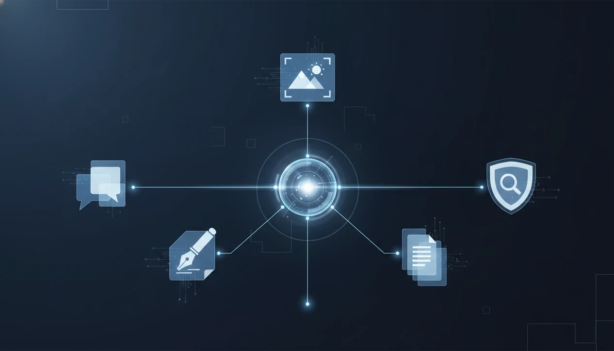 A central AI routing hub branches to specialized agents for chat, writing, images, documents, and detection.